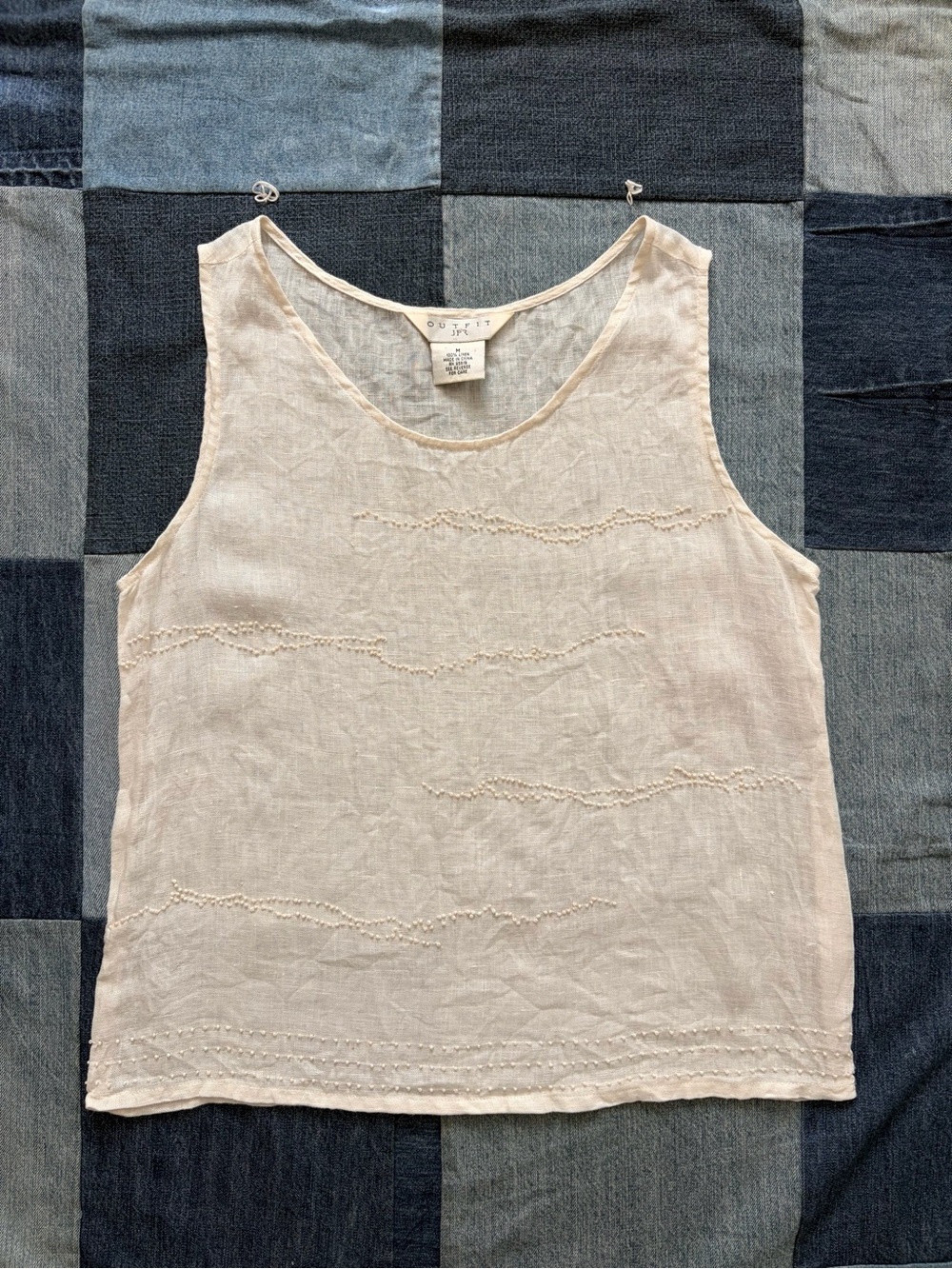 100% linen beaded Vintage outfit jpr cream tank top sheer size M
